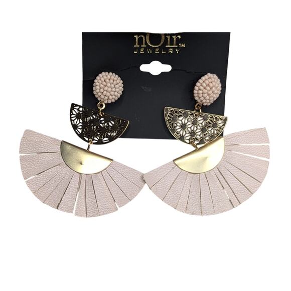 Pink Beaded Faux Leather Fan Earrings Dangle Boho Chic - Picture 5 of 5